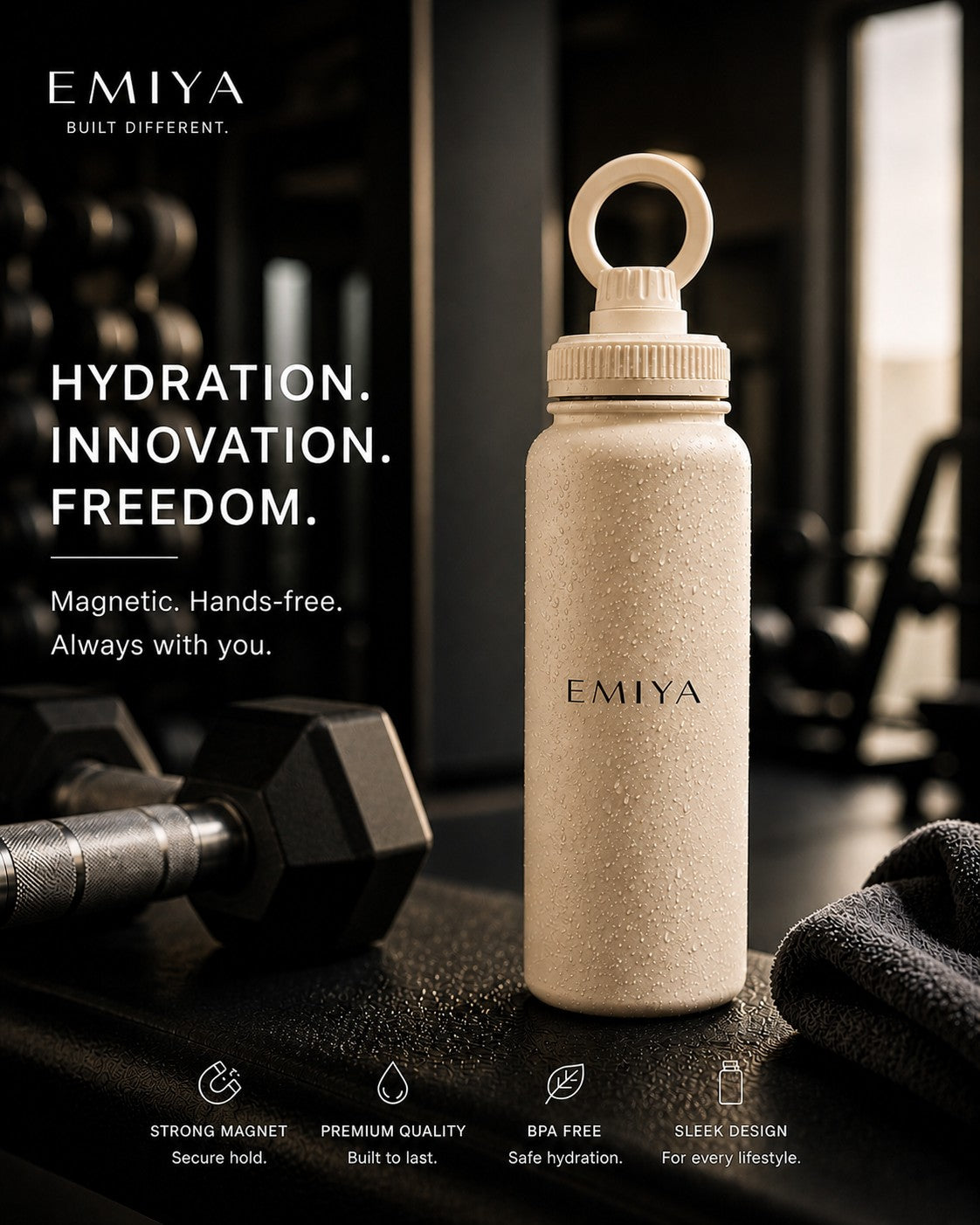 Beige Magnetic Water Bottle 1L- Phone Holder Gym Bottle, Insulated Stainless Steel