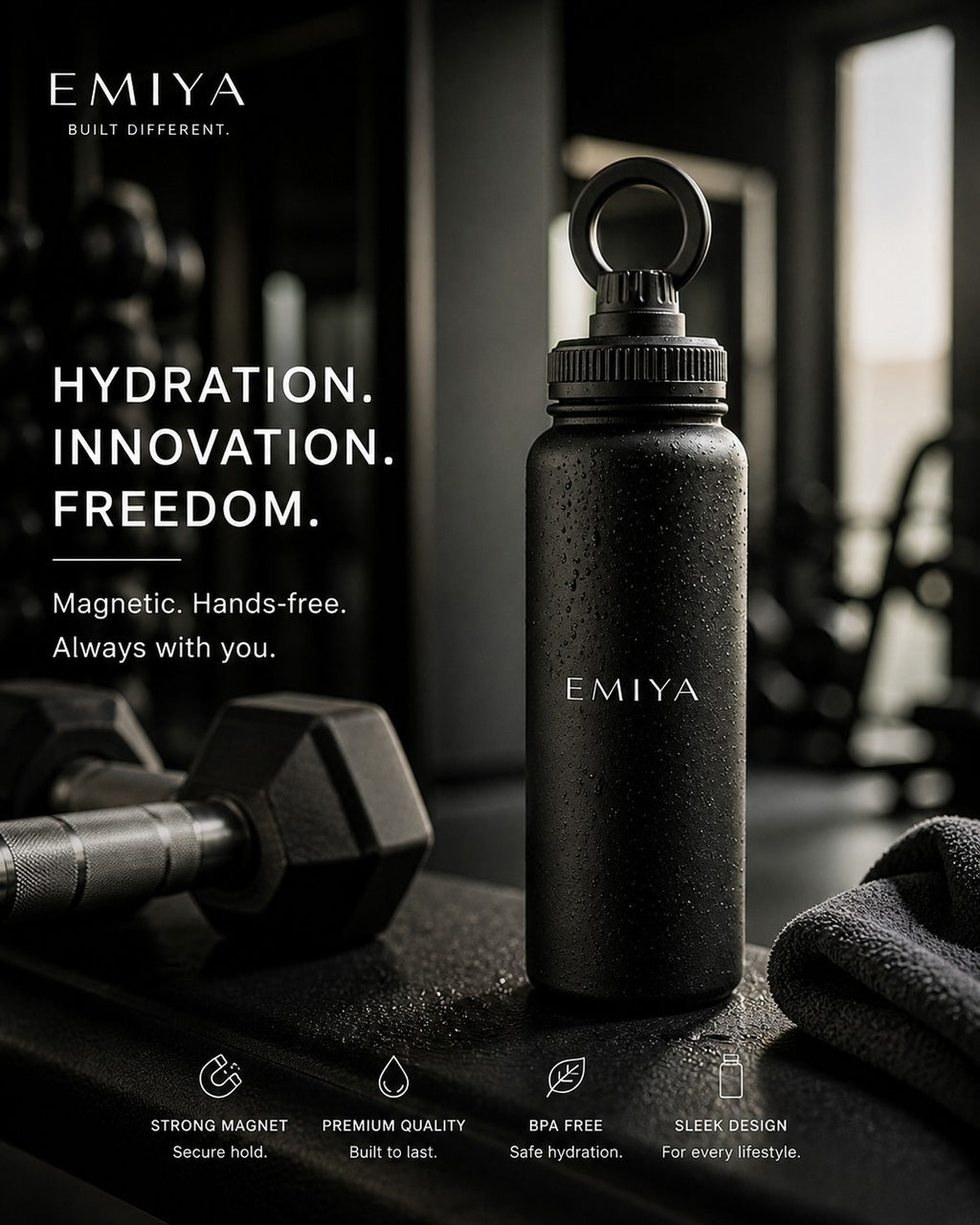 Black Magnetic Water Bottle 1L- Phone Holder Gym Bottle, Insulated Stainless Steel