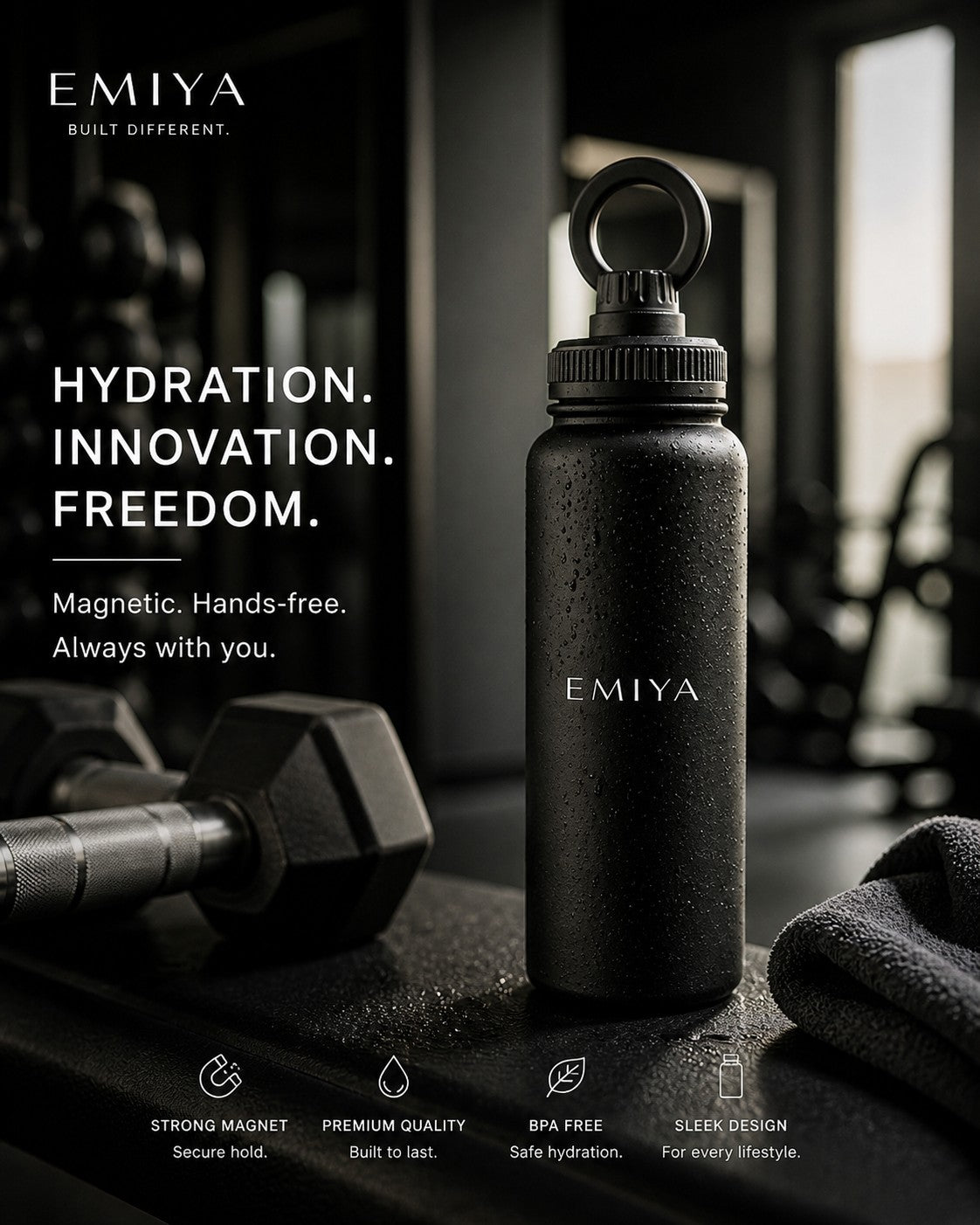 Black Magnetic Water Bottle 1L- Phone Holder Gym Bottle, Insulated Stainless Steel