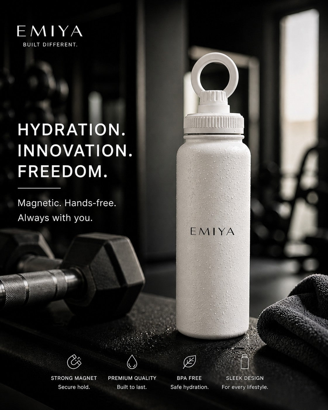 White Magnetic Water Bottle 1L- Phone Holder Gym Bottle, Insulated Stainless Steel